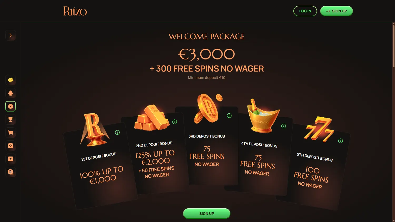Ritzo Casino desktop promotions interface with bonuses, free spins and tournament offers
