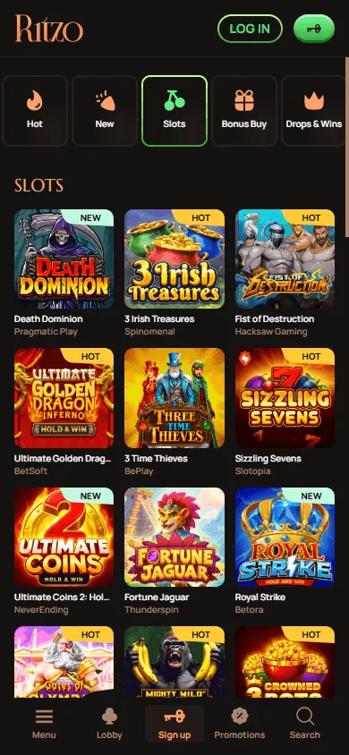 Ritzo Casino mobile browser games interface with slot and casino categories