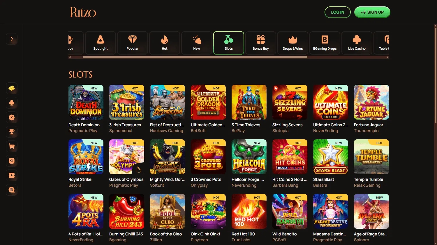 Ritzo Casino desktop games interface with pokies, live casino and other game categories