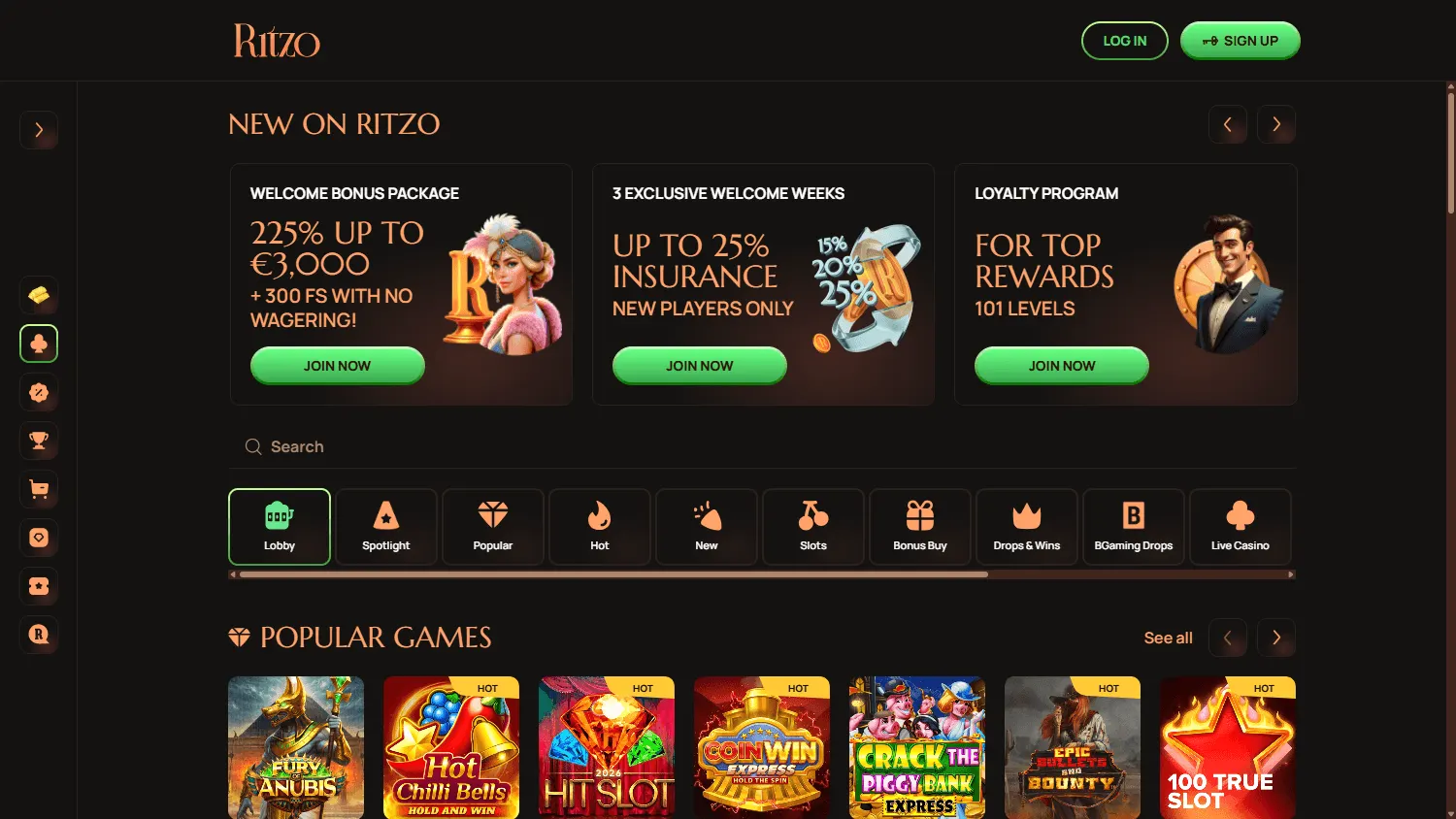 Ritzo Casino desktop home interface with the casino offer and account features