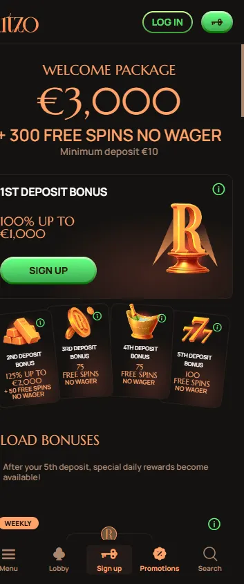 Ritzo Casino mobile browser promotions interface with bonuses and free spins