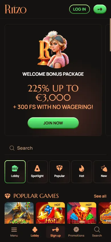 Ritzo Casino mobile browser home interface with casino features and promotions
